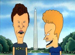 The animated characters Beavis and Butt-head visit the Washington Monument in a scene from the 1996 movie,'Beavis and Butt-head Do America.' The prickly pair became an icon on MTV, which celebrates its 20th birthday with a special telecast from New York's Hammerstein Ballroom Aug. 1, 2001 at 8 p.m., EDT. (AP Photo, ho) HOUCHRON CAPTION (07/30/2001): Beavis and Butt-head, shown in a scene from the 1996 movie, "Beavis and Butt-head Do America," will make an appearance at the MTV birthday party.